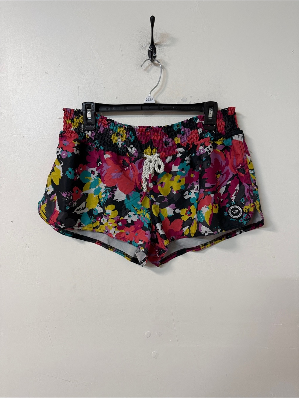 Roxy Floral Drawstring Beach Shorts in Black, Pink, Yellow, Teal dated 2011